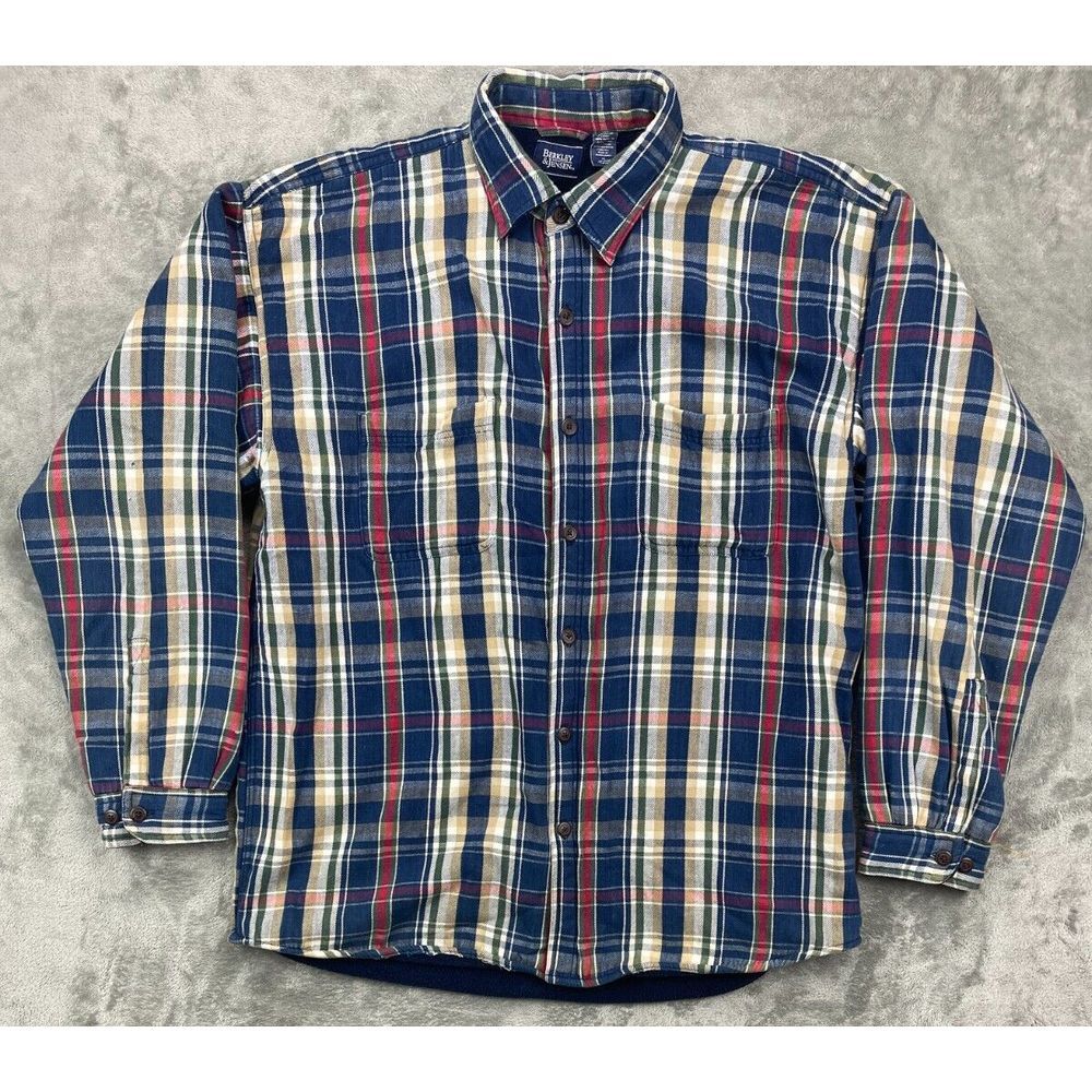 Berkley Jensen Men's Fleece Line Flannel Shirt XL Spread Collar Blue Plaid‎